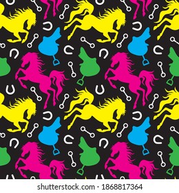 Colorful horse, saddle and horseshoe silhouette seamless pattern. Vector illustration.