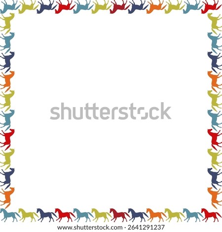 Colorful horses frame. Derby game template for your text. Hand drawn vector illustration