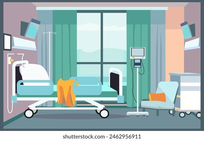 Colorful Hospital Inpatient Room with Bed and Health Medical Equipments