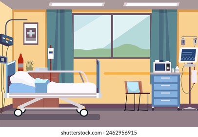 Colorful Hospital Inpatient Room with Bed and Health Medical Equipments