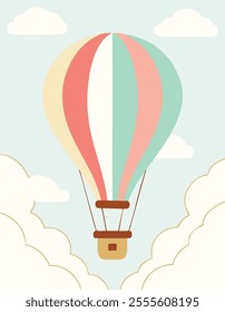 Colorful Hot Air Balloon and Cloud, Paper art style , Vector Illustration