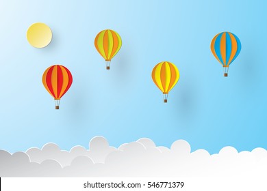 Colorful hot air balloon and cloud. paper art style.