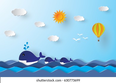 Colorful hot air balloon and cloud over the sea. paper art style.