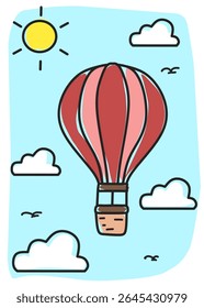 A colorful hot air balloon floating in a bright blue sky with white clouds and a cheerful sun. The artwork is simple and child-friendly, using flat cartoon style with soft outlines and playful color 