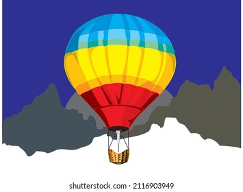 Colorful Hot Air Balloon Flying in the Sky over the Mountains Concept Illustration Vector Background