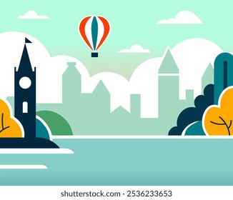 Un globo aerostático colorido sobrevolando un estilizado horizonte de la ciudad en una Ilustración vectorial minimalista. Se puede utilizar para viajes, turismo o diseños temáticos de ciudades.