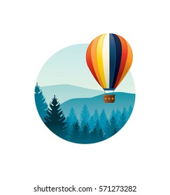 Colorful hot air balloon flying over mountains. Vector illustration. 