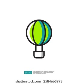 Colorful Hot Air Balloon Illustration In A Minimalist Style With Green And Blue Accents. Adventure And Travel Via Hot Air Balloon Icon