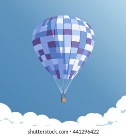 colorful hot air balloon on blue sky background with clouds, vector illustration