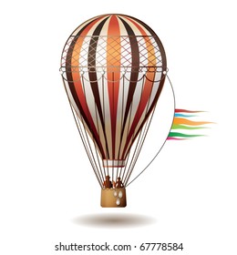 Colorful hot air balloon with silhouettes isolated on white background, vector illustration