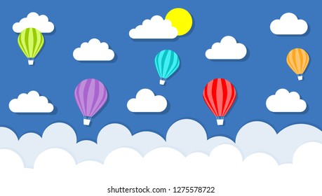 Colorful hot air balloon and sun over the cloud. paper art style. 