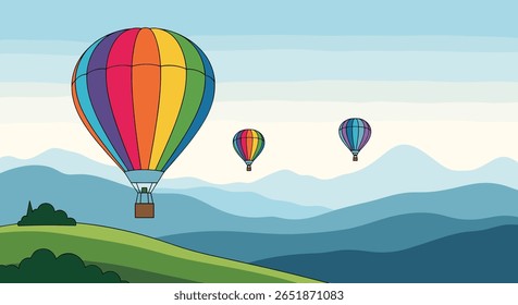 Colorful hot air balloons ascend over rolling hills under a blue sky