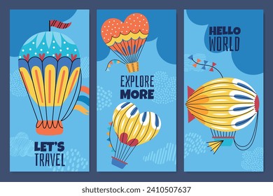 Colorful hot air balloons banners. Vertical posters with travel sky transport, decorative flying retro airship, different shapes, vector set.eps
