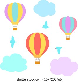 Colorful hot air balloons and birds