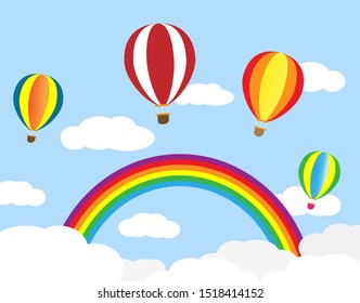 Colorful hot air balloons blowing on blue sky and fluffy white clouds with beautiful rainbow. Vector Illustration.