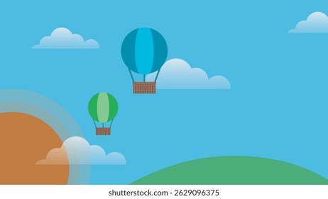 Colorful Hot Air Balloons in Blue Sky with Clouds – Flat Cartoon Vector