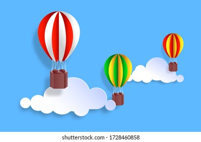 Colorful Hot Air Balloons and Cloud, Paper Cut Vector Illustration