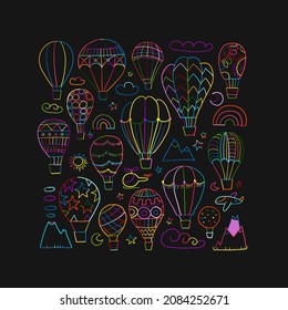 Colorful Hot Air Balloons Collection. Sketch for your design