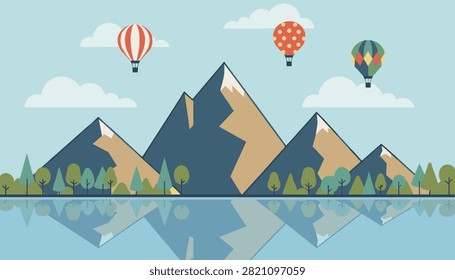 Colorful hot air balloons float peacefully over majestic snow-capped mountains reflecting in a tranquil, clear lake.