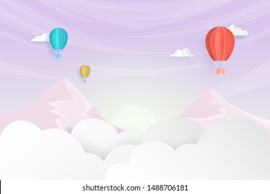 Colorful hot air balloons floating on beautiful sky with clouds and mountains background paper art style.Vector illustration.