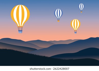 Colorful Hot Air Balloons Floating Over Serene Mountain Landscape at Dusk with Stunning Sunset Sky