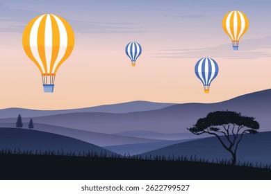 Colorful Hot Air Balloons Floating Over Serene Mountain Landscape at Dusk with Stunning Sunset Sky