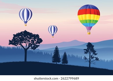 Colorful Hot Air Balloons Floating Over Serene Mountain Landscape at Dusk with Stunning Sunset Sky
