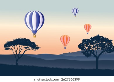 Colorful Hot Air Balloons Floating Over Serene Mountain Landscape at Dusk with Stunning Sunset Sky 
