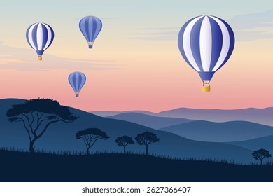 Colorful Hot Air Balloons Floating Over Serene Mountain Landscape at Dusk with Stunning Sunset Sky 