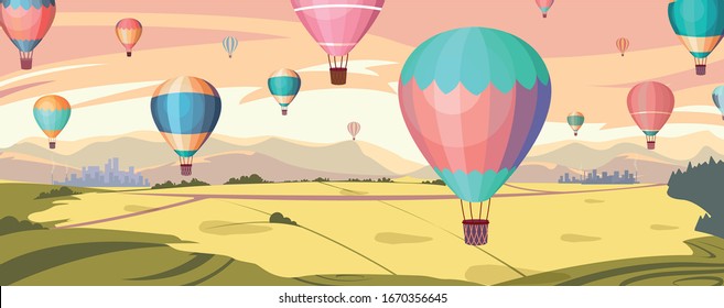 Colorful hot air balloons fly in orange sky over amazing valleys 