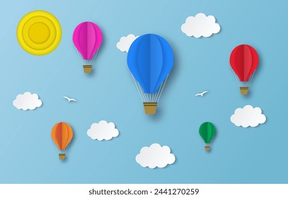 Globos de aire caliente coloridos que vuelan en el aire con el fondo azul del cielo nublado. Plantilla de póster de corte de papel con globos de aire. diseño de volantes, banners, carteles y plantillas.