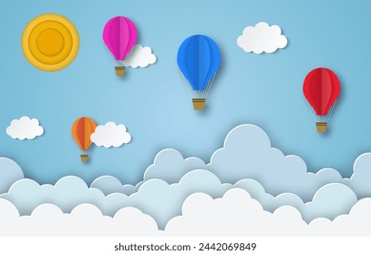 colorful hot air balloons flying in the air with blue cloudy sky background. Paper cut poster template with air balloons. flyers, banners, posters and templates design.