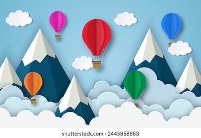 Globos de aire caliente coloridos que vuelan en el aire con el fondo azul del cielo nublado. Plantilla de carteles cortados en papel con globos de aire. diseño de volantes, Anuncios, carteles y Plantillas.