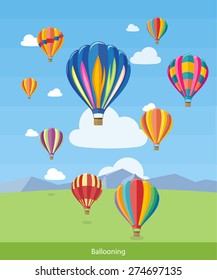 Colorful hot air balloons flying over the mountain. Icons of traveling, planning summer vacation, tourism and journey objects. Web banners, marketing and promotional materials, presentation templates 