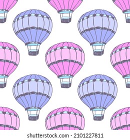 Colorful hot air balloons  illustration vector seamless patter. Retro transportation airship vehicles. Summer leisure objects. Hot air balloons freedom symbols. Sky trip objects.