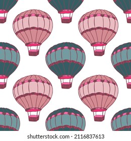 Colorful hot air balloons  illustration vector seamless patter. Old transportation airship vehicles. Summer sport objects. Hot air balloons freedom symbols. Sky trip objects.