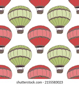 Colorful hot air balloons illustration vector seamless patter. Vintage transportation aircraft vehicles. Summer sport objects. Hot air balloons isolated travel symbols. Funny hotair ballons.