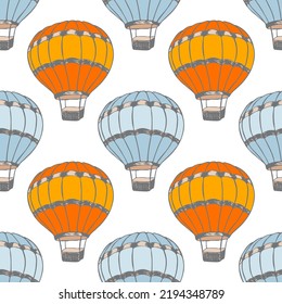 Colorful hot air balloons  illustration vector seamless patter. Vintage transportation airship vehicles. Summer leisure objects. Hot air balloons adventure symbols. Sky voyage objects.