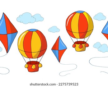 Colorful hot air balloons and kites with clouds on white background. Seamless border. Cartoon vector illustration for children's decoration.