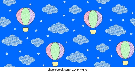 Colorful hot air balloons with linear texture, white clouds and stars on a blue background. Endless texture with aerostat in the sky. Vector seamless pattern for cover, giftwrap, wrapping paper, print