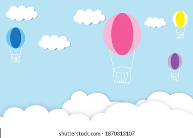 Colorful hot air balloons on clouds and blue sky paper art style.Vector illustration.