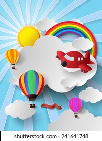  Colorful hot air balloons and red airplane flying over rainbow with clouds in paper cut style.