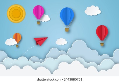 colorful hot air balloons and red paper airplane flying in the air with blue cloudy sky background. Paper cut poster template with air balloons. flyers, banners, posters and templates design.