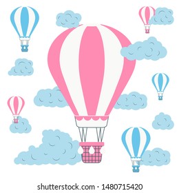 Colorful hot air balloons in the sky with clouds poster. Cute vector baby doodle. Vector concept background for children wallpaper.