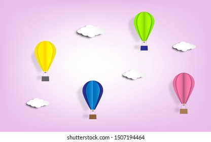 Colorful hot air balloons with white clouds on bright purple sky concept background in paper cut craft art style design. vector illustrat