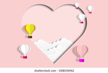 Colorful hot air balloons with white clouds on bright pink sky concept background in paper cut craft art style design, can use for greeting card, book cover. vector illustrat