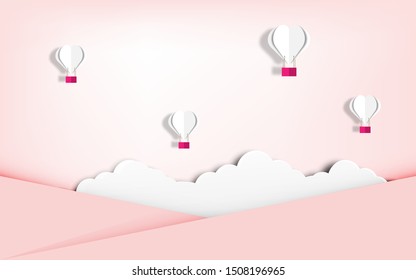 Colorful hot air balloons with white clouds on bright pink sky concept background in paper cut craft art style design, can use for greeting card, book cover. vector illustrat