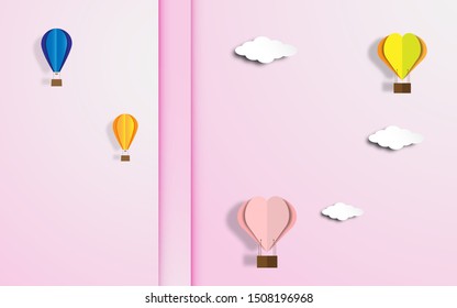 Colorful hot air balloons with white clouds on bright pink sky concept background in paper cut craft art style design, can use for greeting card, book cover. vector illustrat