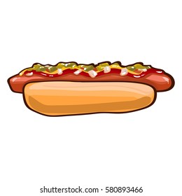 Colorful hot dog template with bread sausage ketchup mustard and vegetables on white background isolated vector illustration
