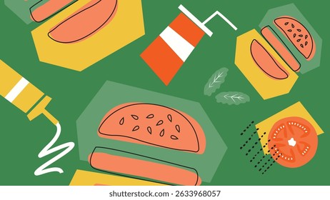 Colorful hot dogs, buns, soda, and tomato slices on green. Ideal for fast food packaging, restaurant flyers, and playful snack visuals